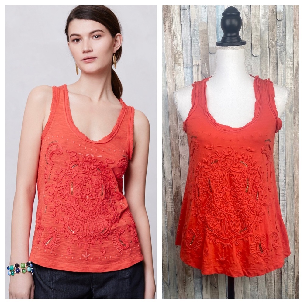 Anthropologie XS Sequin Appliqué Knit Tank Top Red